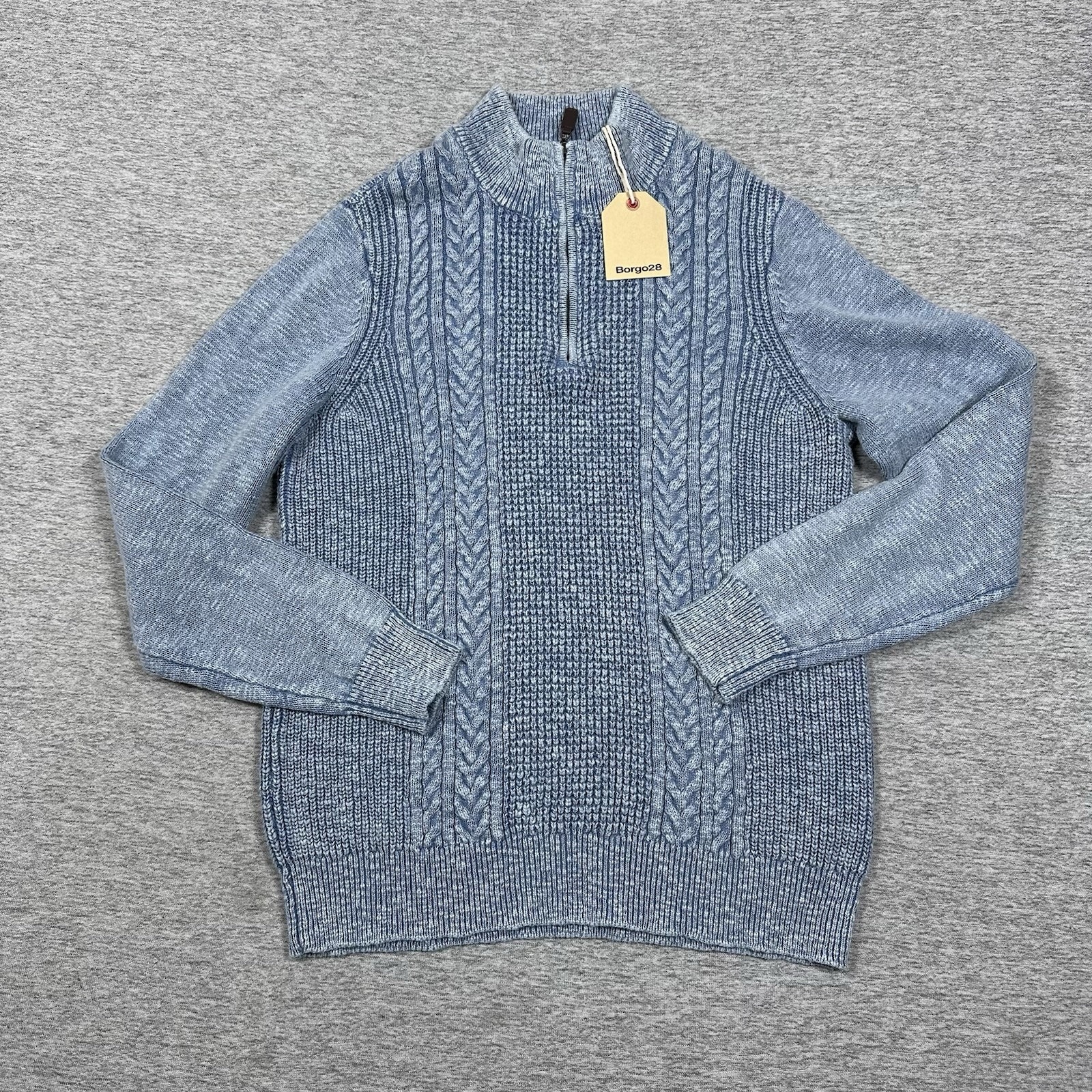 Borgo28 Sweater Mens Size Medium Slate Blue Cotton Slub Knit 1/4 Zip Preppy New — image 2 of 8